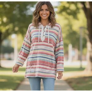 Lauren Ralph Lauren Size L Hoodie Henley Top Striped Southwestern Colorful